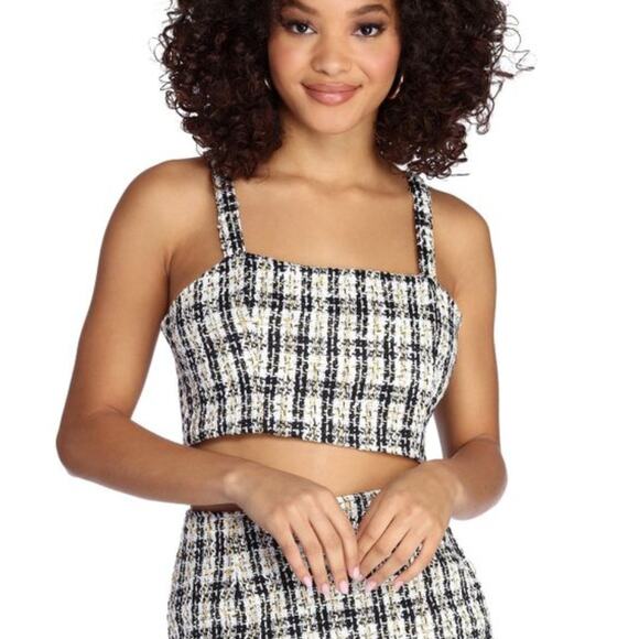 Windsor S White Black Plaid Tweed Knit Square Neck Crop Tank Top - Picture 1 of 7